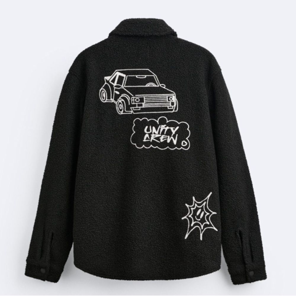 Zara Black Embroidered Faux Shearling Streetwear Utility Overshirt Size L/XL - Picture 6 of 16
